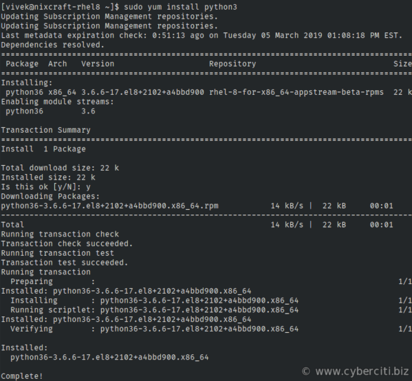 RHEL 8 install Python 3 using yum command