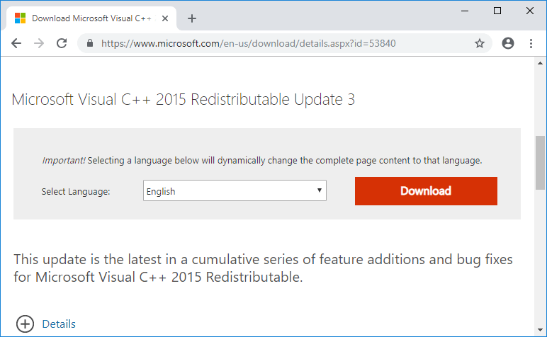Click on the download button to download the Microsoft Visual C++ Redistributable package