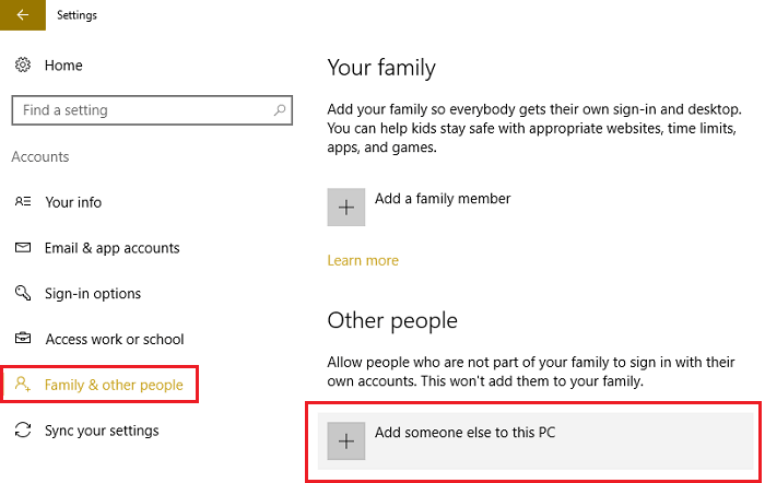 Family & other people then click Add someone else to this PC
