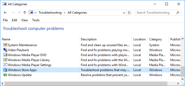 From Troubleshoot computer problems list select Windows Store Apps