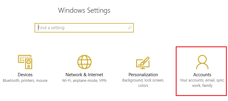 From Windows Settings select Account