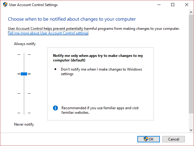 Move the slider up or down to choose when to be notified about changes to your computer