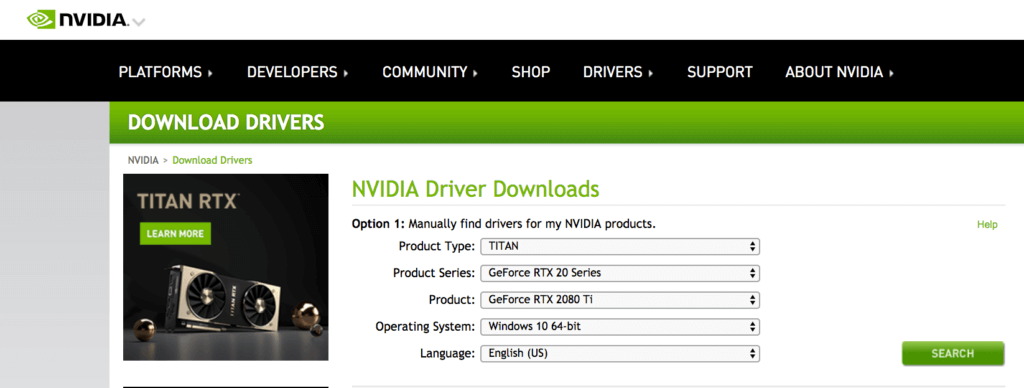 Nvidia Driver Downloads page