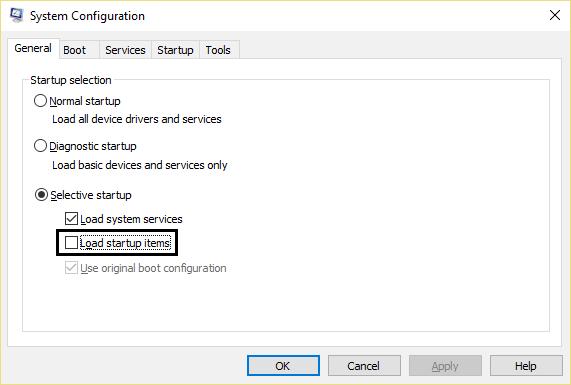 Perform Clean boot in Windows. Selective startup in system configuration 