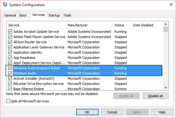 Windows audio and windows audio endpoint msconfig running