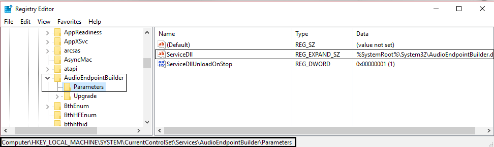 audioendpointbuilder servicedll parameters registry