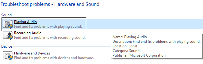 click on playing audio in troubleshoot problems