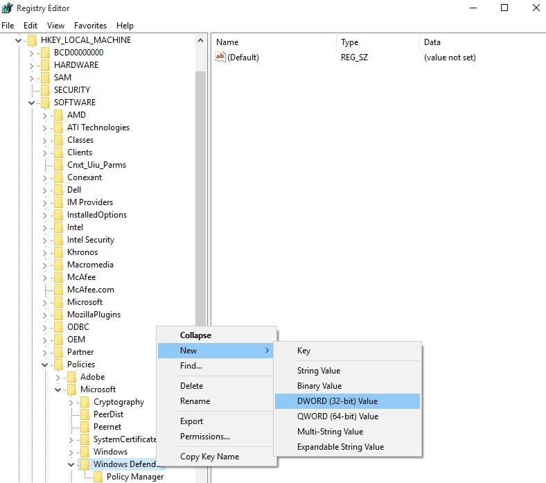 disable windows defender registry editor windows 10