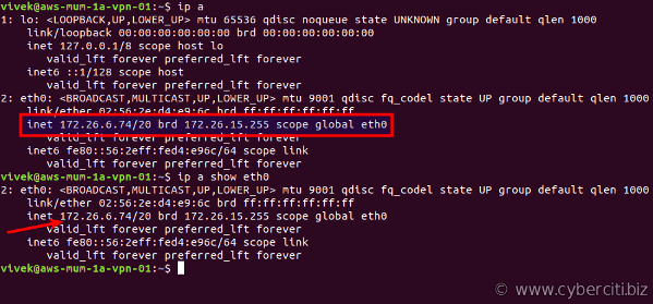 ip command get my IP address on Ubuntu Linux 18.04 LTS