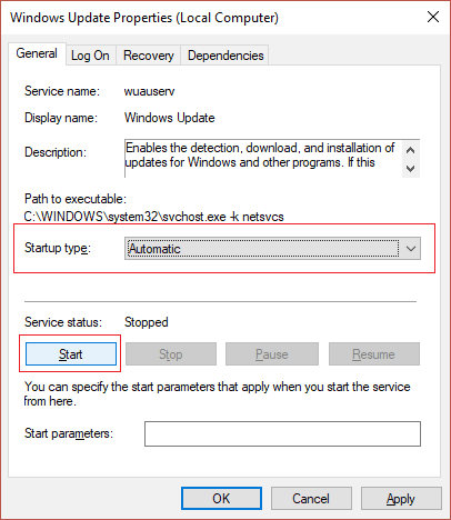 make sure Windows Update service is set to Automatic and click Start