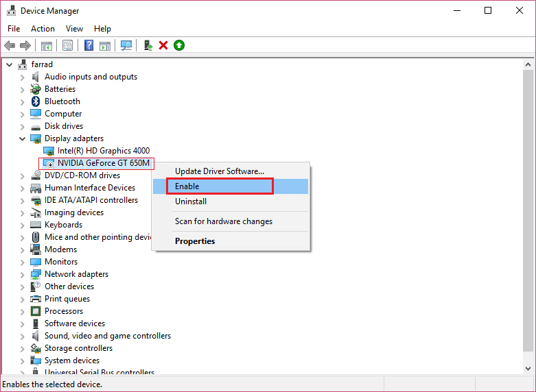 right-click on your Nvidia Graphic Card and select Enable