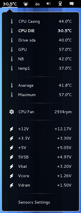 Shows CPU temperature, HDD temperature, voltage and fan RPM