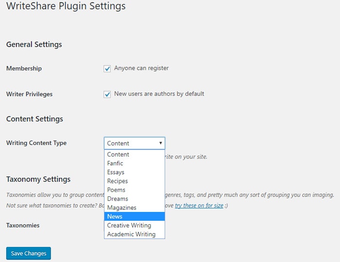 WriteShare Plugin Settings