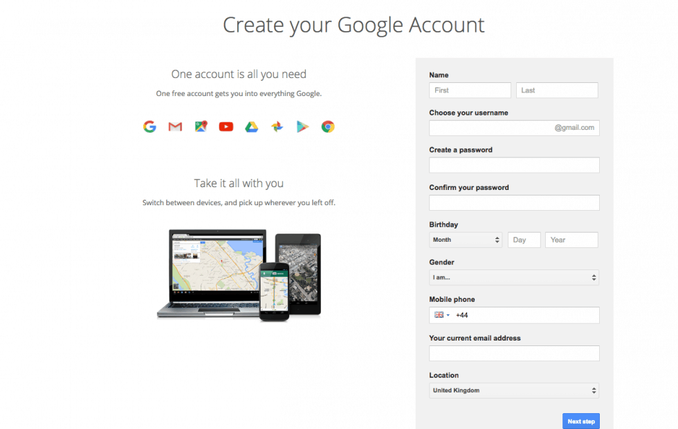 Gmail sign up form screenshot