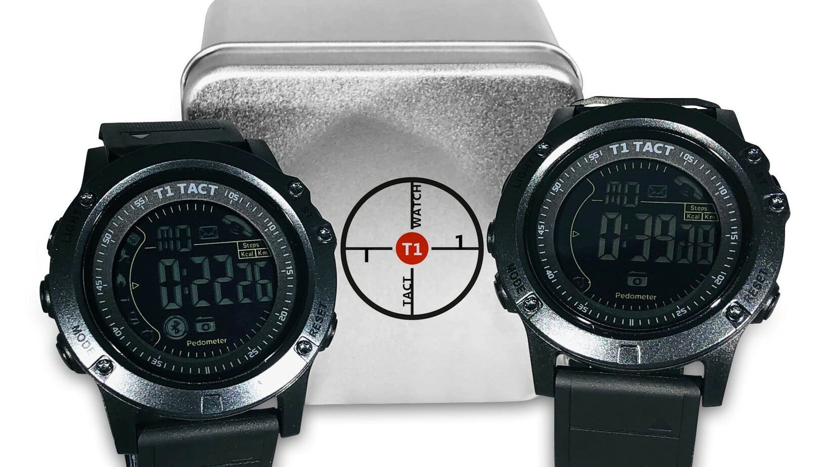 Two T1 Tact Watch Midnight Diamonds in front of Smartwatch Box